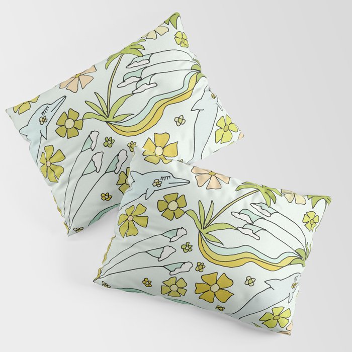 dolphin love flower power // retro surf art by surfy birdy Pillow Sham Gallery Image 1