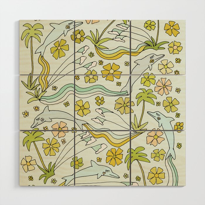 dolphin love flower power // retro surf art by surfy birdy Wood Wall Art Gallery Image 1