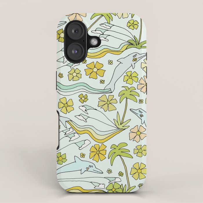 dolphin love flower power // retro surf art by surfy birdy iPhone Case Gallery Image 1