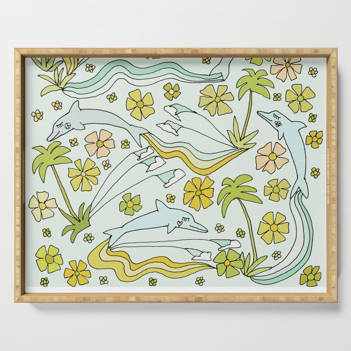 dolphin love flower power // retro surf art by surfy birdy Serving Tray Gallery Image 1