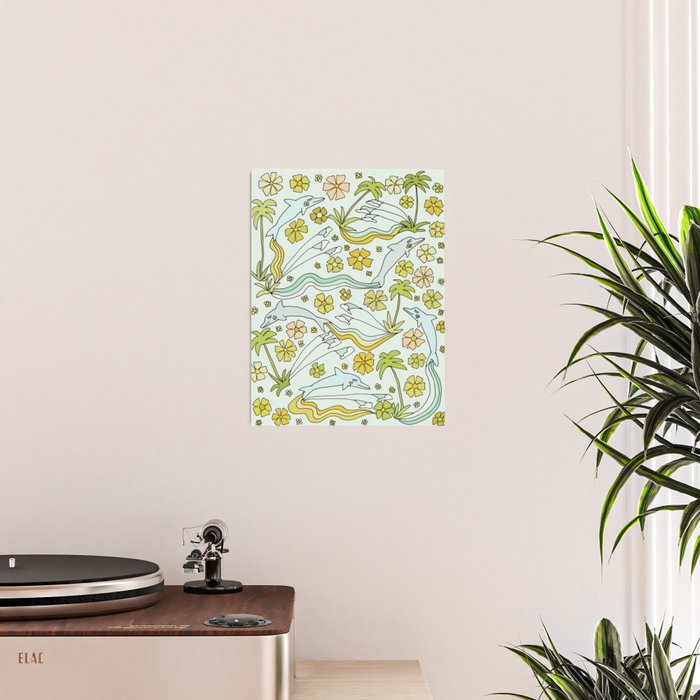 dolphin love flower power // retro surf art by surfy birdy Poster Gallery Image 2