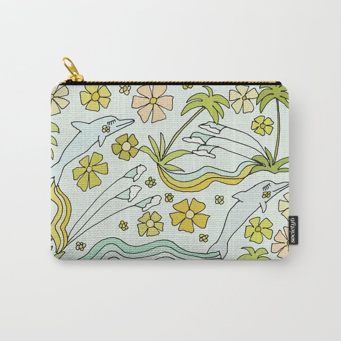 dolphin love flower power // retro surf art by surfy birdy Carry All Pouch Gallery Image 1