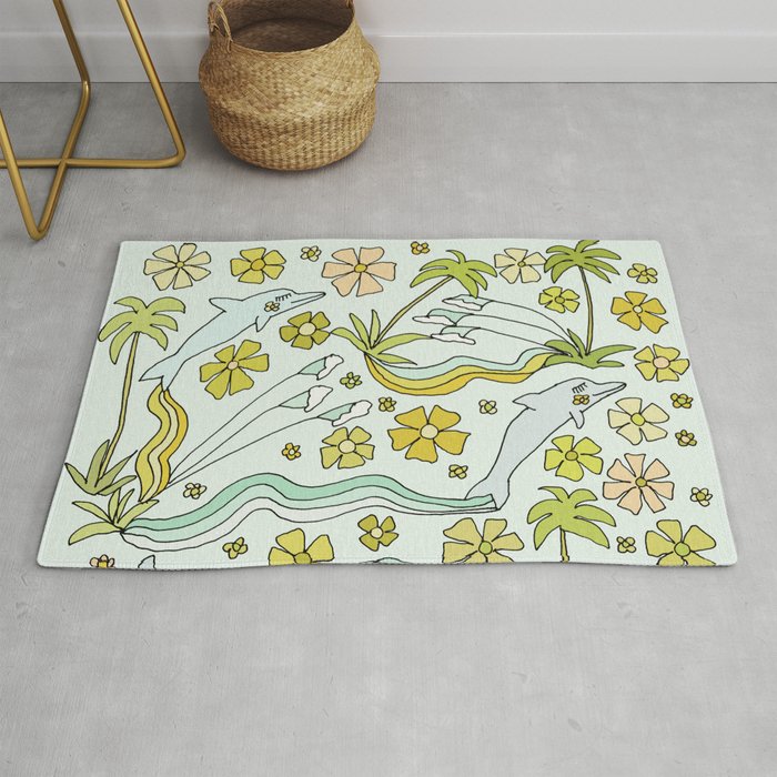 dolphin love flower power // retro surf art by surfy birdy Rug Gallery Image 1