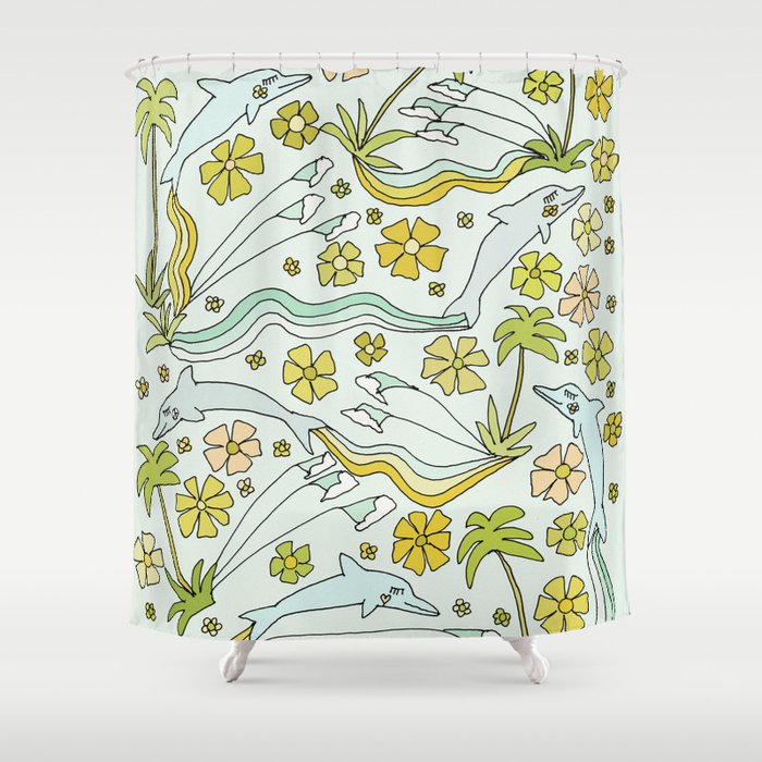 dolphin love flower power // retro surf art by surfy birdy Shower Curtain Gallery Image 1