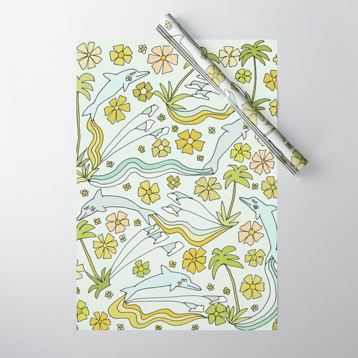 dolphin love flower power // retro surf art by surfy birdy Wrapping Paper Gallery Image 1