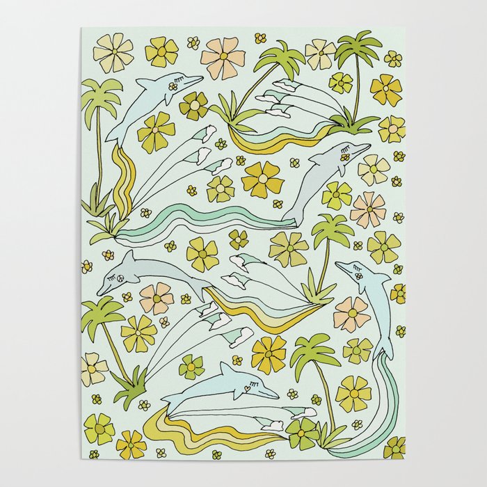 dolphin love flower power // retro surf art by surfy birdy Poster Gallery Image 4