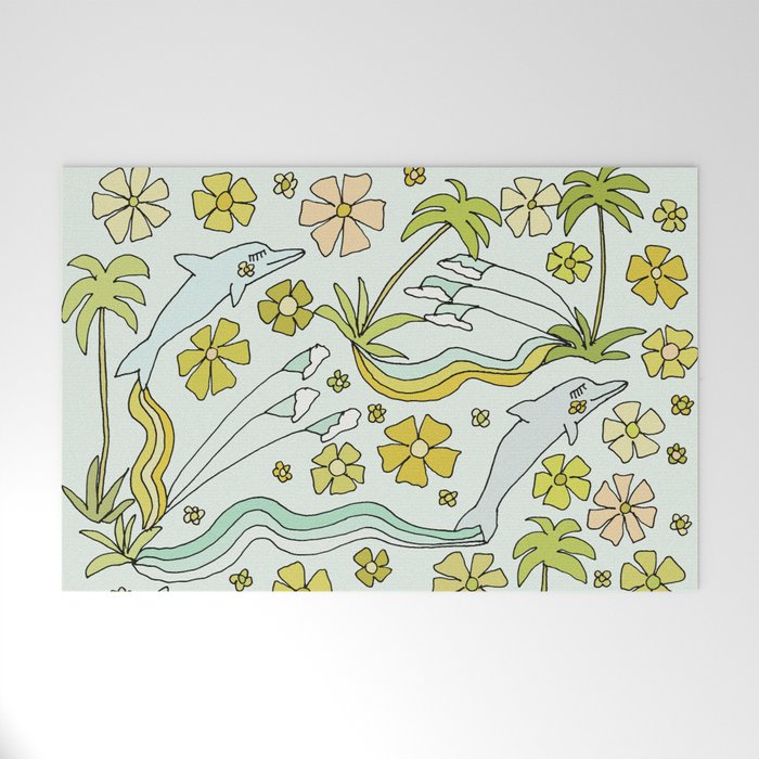 dolphin love flower power // retro surf art by surfy birdy Welcome Mat Gallery Image 1