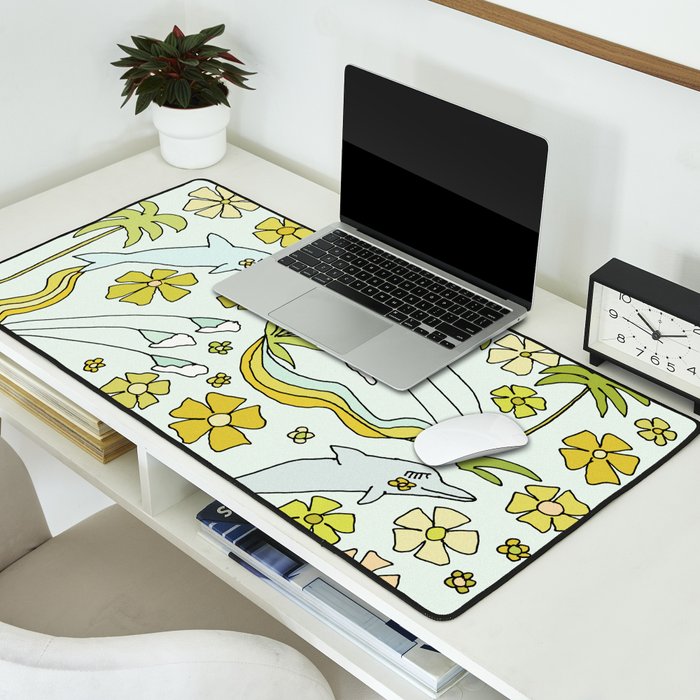 dolphin love flower power // retro surf art by surfy birdy Desk Mat Gallery Image 2