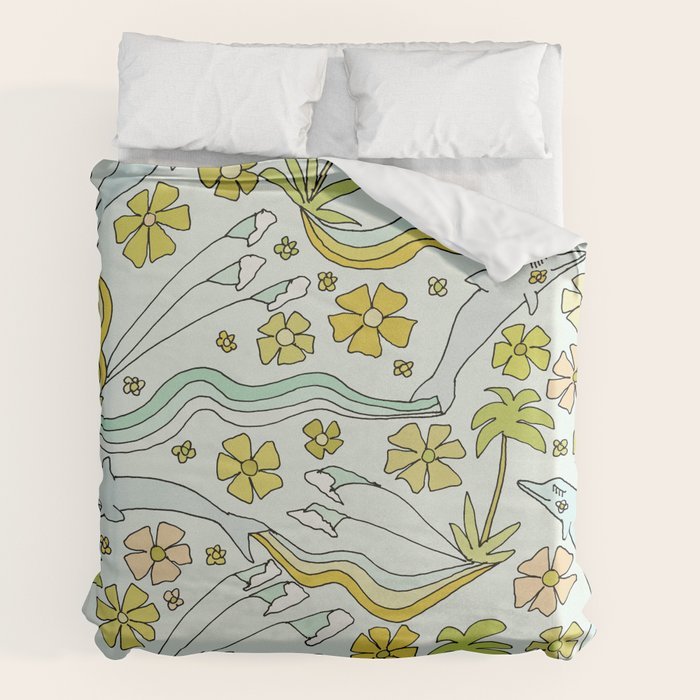 dolphin love flower power // retro surf art by surfy birdy Duvet Cover Gallery Image 2