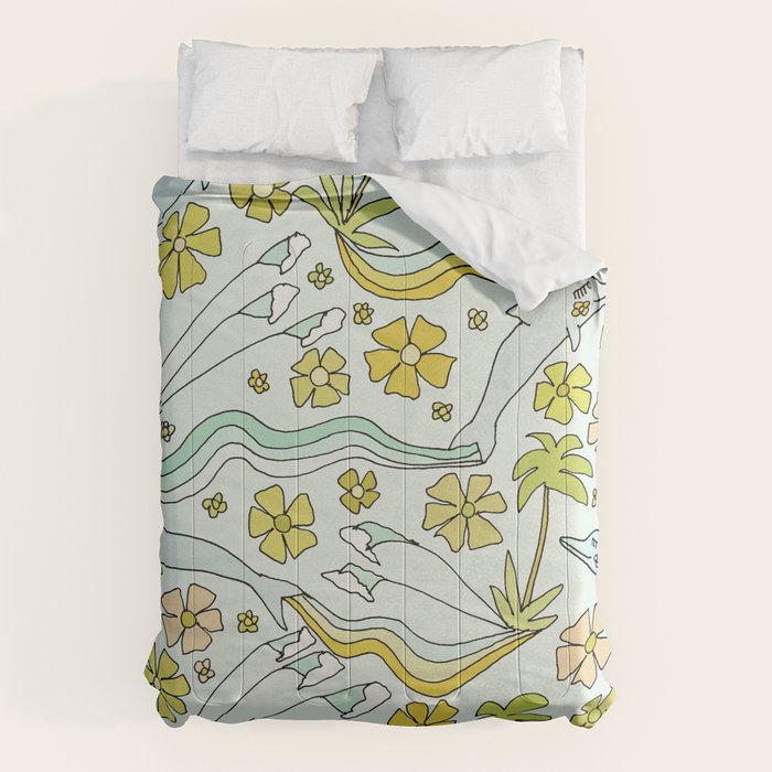 dolphin love flower power // retro surf art by surfy birdy Comforter Gallery Image 1