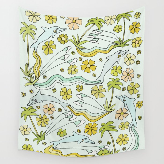 dolphin love flower power // retro surf art by surfy birdy Wall Tapestry Gallery Image 4