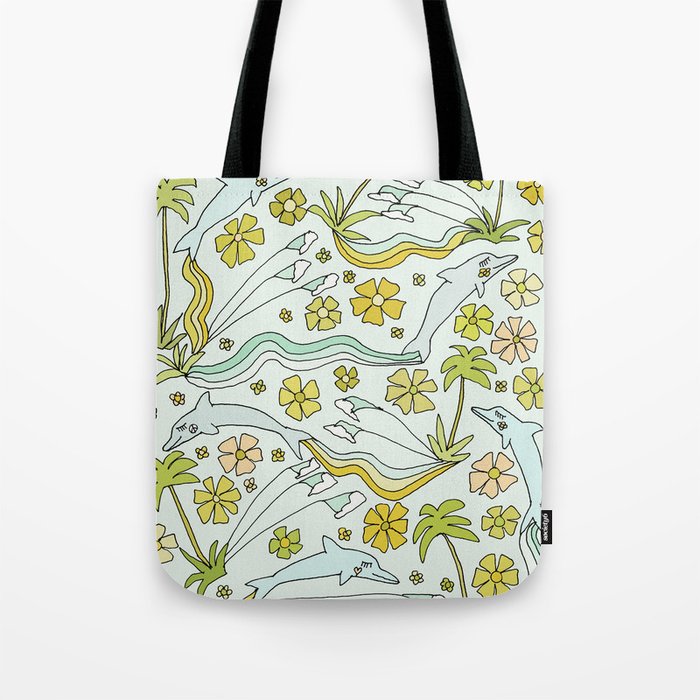 dolphin love flower power // retro surf art by surfy birdy Tote Bag Gallery Image 1