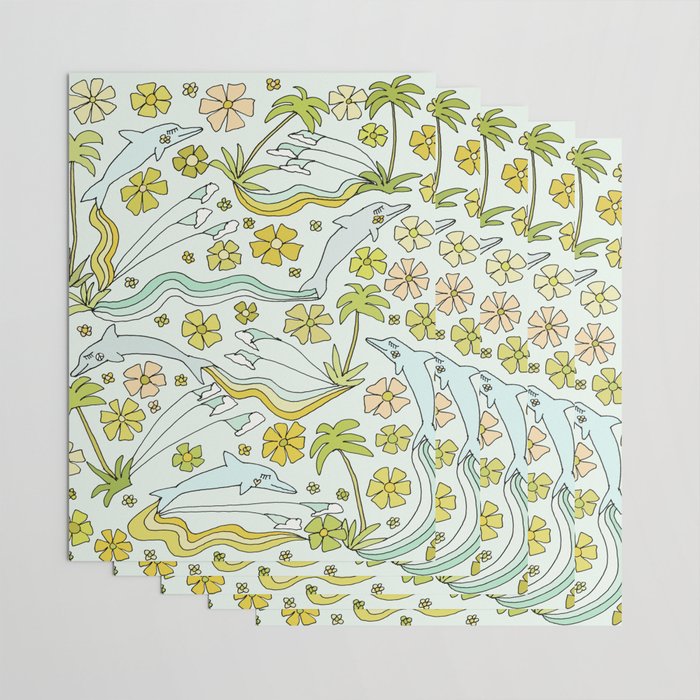 dolphin love flower power // retro surf art by surfy birdy Wrapping Paper Gallery Image 3