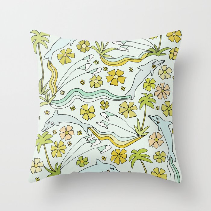 dolphin love flower power // retro surf art by surfy birdy Throw Pillow Gallery Image 1