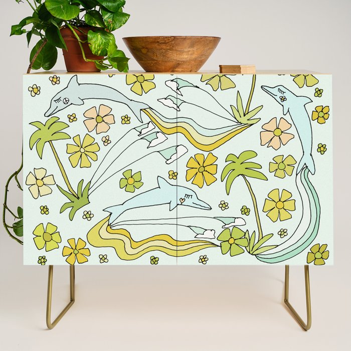 dolphin love flower power // retro surf art by surfy birdy Credenza Gallery Image 1
