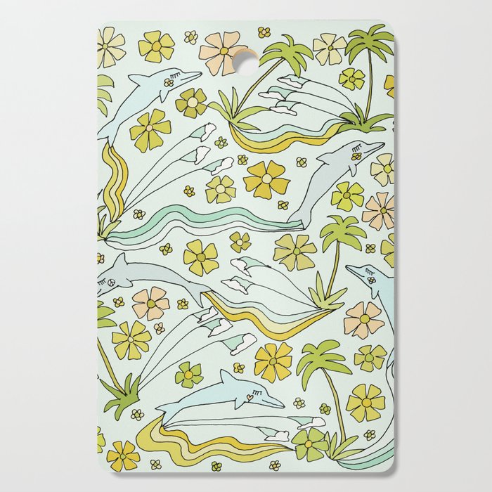 dolphin love flower power // retro surf art by surfy birdy Cutting Board Gallery Image 1