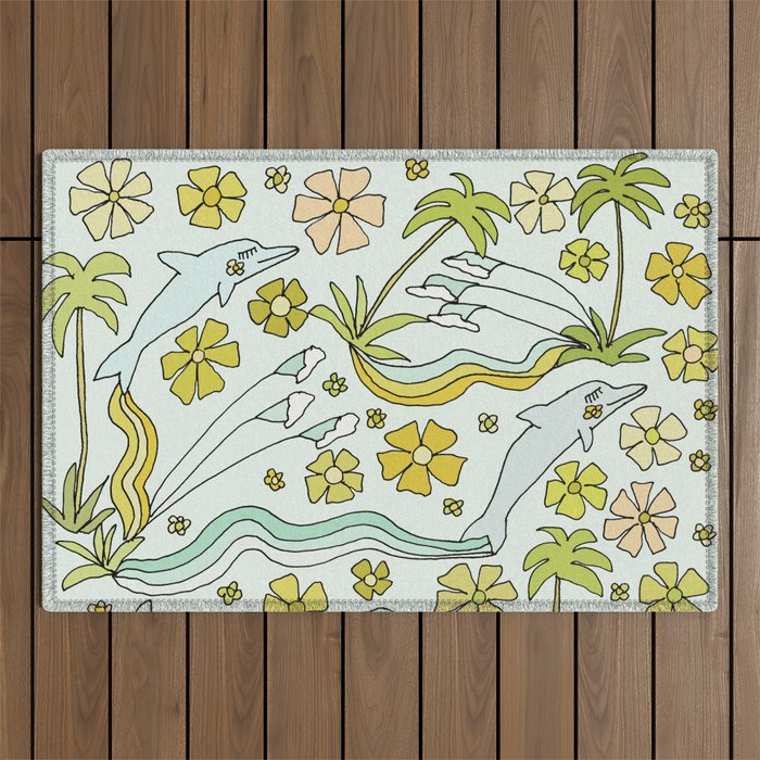 dolphin love flower power // retro surf art by surfy birdy Outdoor Rug Gallery Image 1