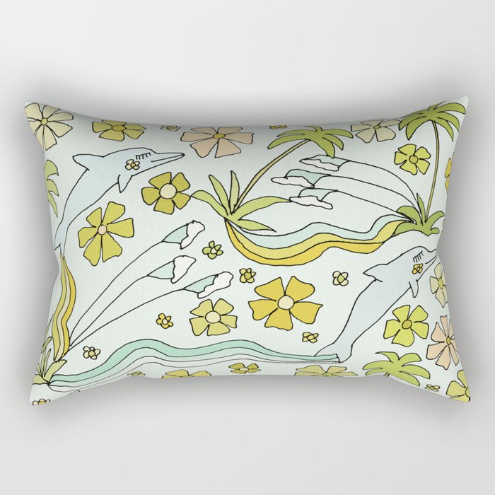 dolphin love flower power // retro surf art by surfy birdy Rectangular Pillow Gallery Image 2