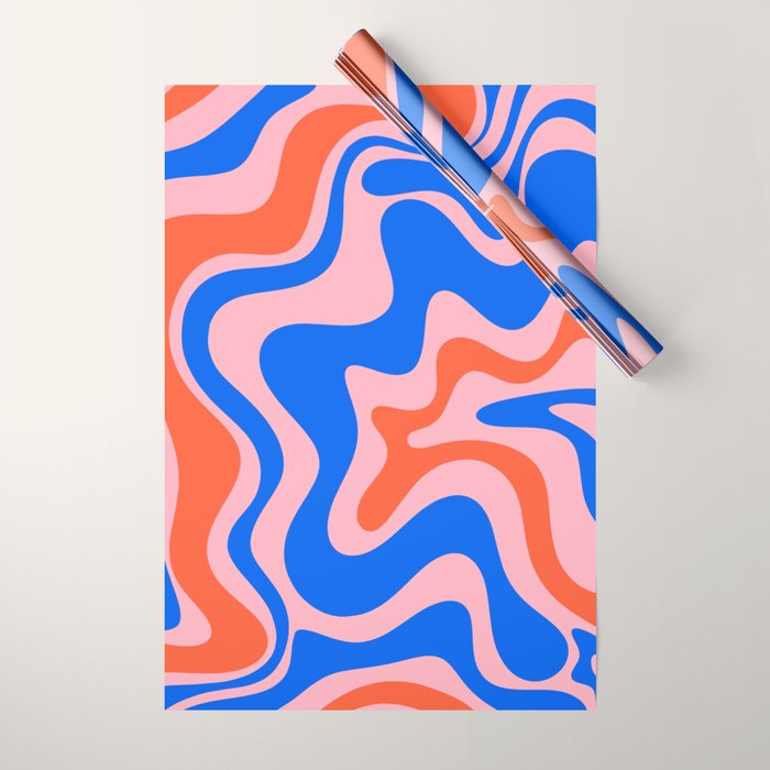 Retro Liquid Swirl Abstract Pattern in Pink, Red-Orange, and Bright Blue Wrapping Paper Gallery Image 1