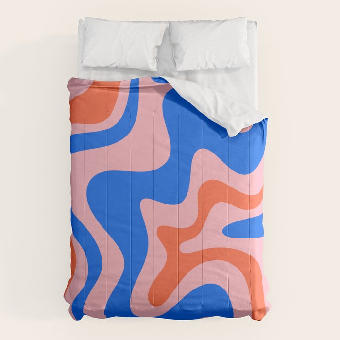 Retro Liquid Swirl Abstract Pattern in Pink, Red-Orange, and Bright Blue Comforter Gallery Image 1