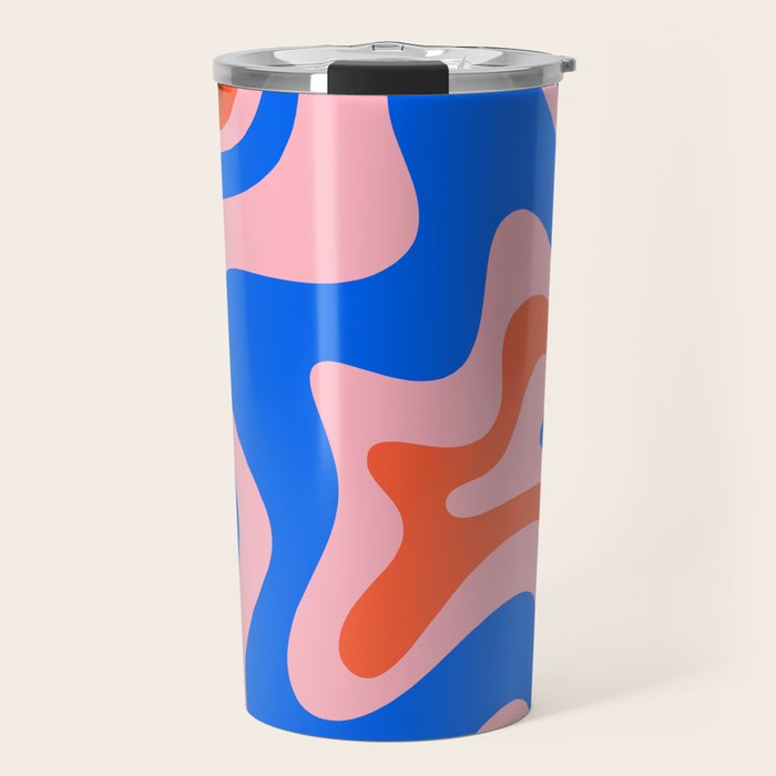 Retro Liquid Swirl Abstract Pattern in Pink, Red-Orange, and Bright Blue Travel Mug