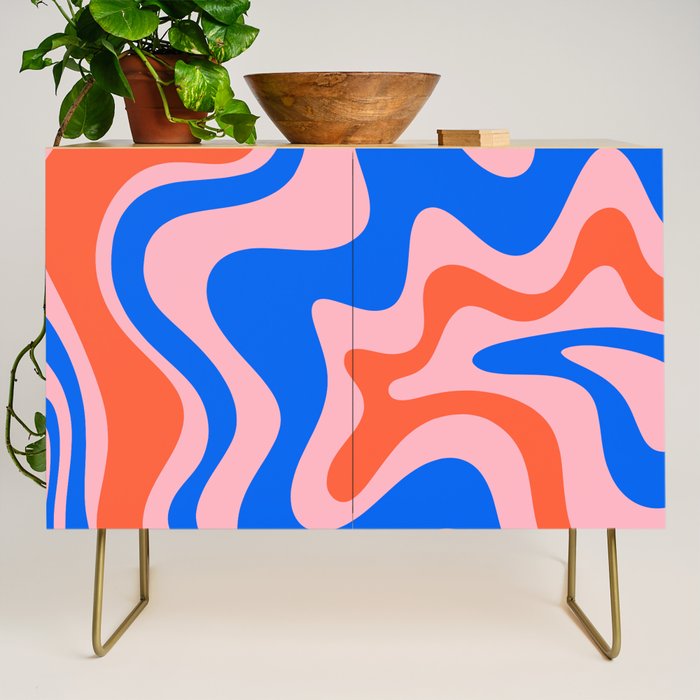 Retro Liquid Swirl Abstract Pattern in Pink, Red-Orange, and Bright Blue Credenza Gallery Image 1