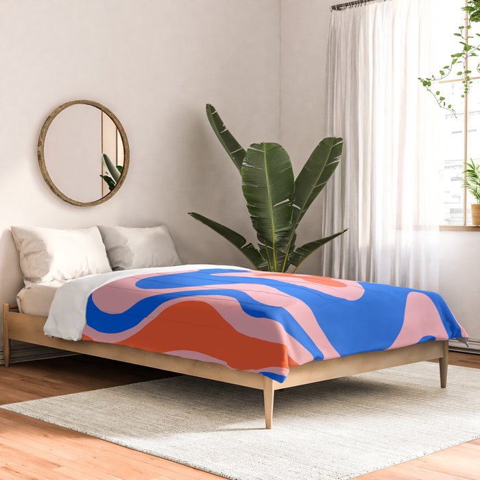 Retro Liquid Swirl Abstract Pattern in Pink, Red-Orange, and Bright Blue Comforter Gallery Image 2