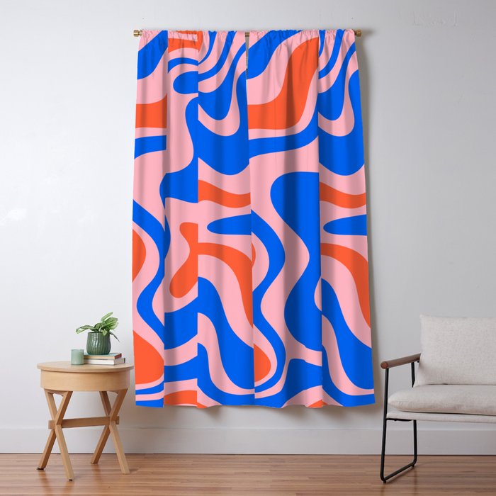Retro Liquid Swirl Abstract Pattern in Pink, Red-Orange, and Bright Blue Window Curtain Gallery Image 1