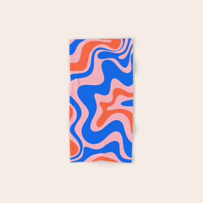 Retro Liquid Swirl Abstract Pattern in Pink, Red-Orange, and Bright Blue Bath Towel Gallery Image 1