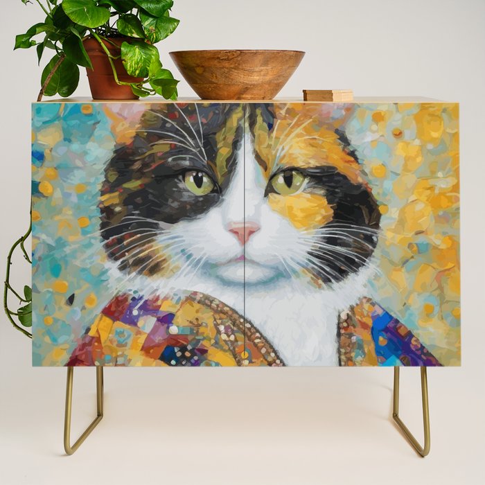 Gustav Klimt Style Calico Cat with Elegant Designer Jacket Credenza Gallery Image 1