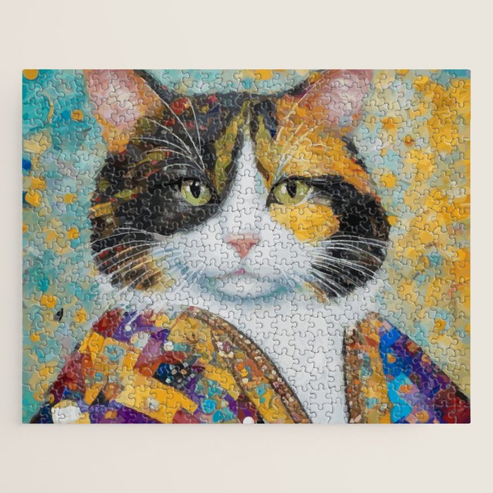 Gustav Klimt Style Calico Cat with Elegant Designer Jacket Jigsaw Puzzle Gallery Image 1