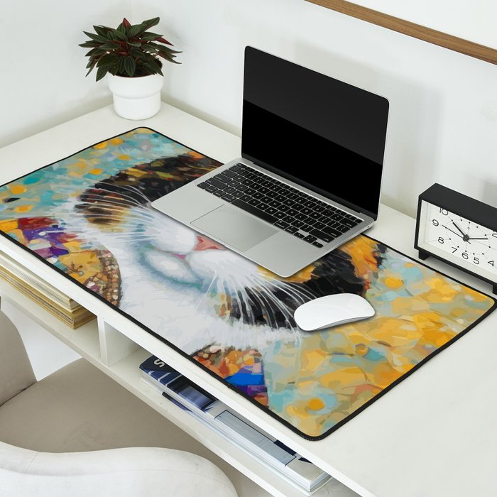 Gustav Klimt Style Calico Cat with Elegant Designer Jacket Desk Mat Gallery Image 2