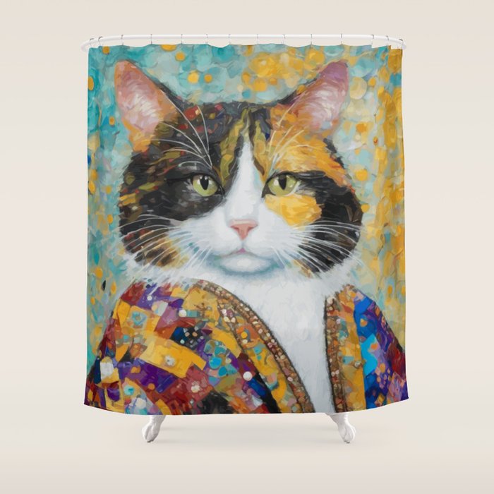 Gustav Klimt Style Calico Cat with Elegant Designer Jacket Shower Curtain Gallery Image 1
