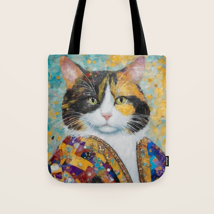 Gustav Klimt Style Calico Cat with Elegant Designer Jacket Tote Bag Gallery Image 1
