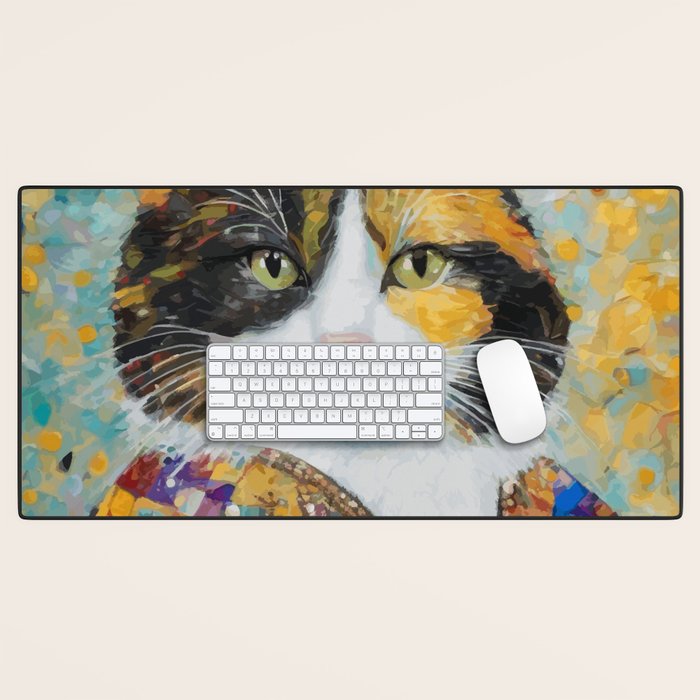 Gustav Klimt Style Calico Cat with Elegant Designer Jacket Desk Mat Gallery Image 1