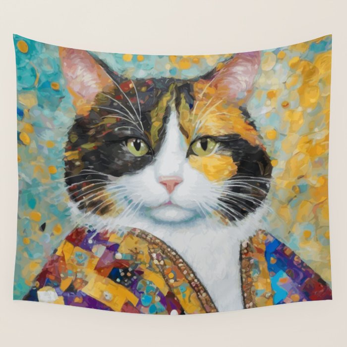 Gustav Klimt Style Calico Cat with Elegant Designer Jacket Wall Tapestry Gallery Image 4