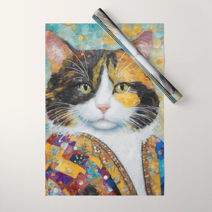 Gustav Klimt Style Calico Cat with Elegant Designer Jacket Wrapping Paper Gallery Image 1