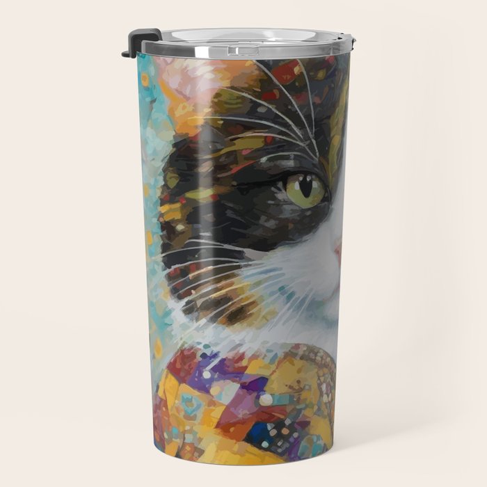 Gustav Klimt Style Calico Cat with Elegant Designer Jacket Travel Mug Gallery Image 3