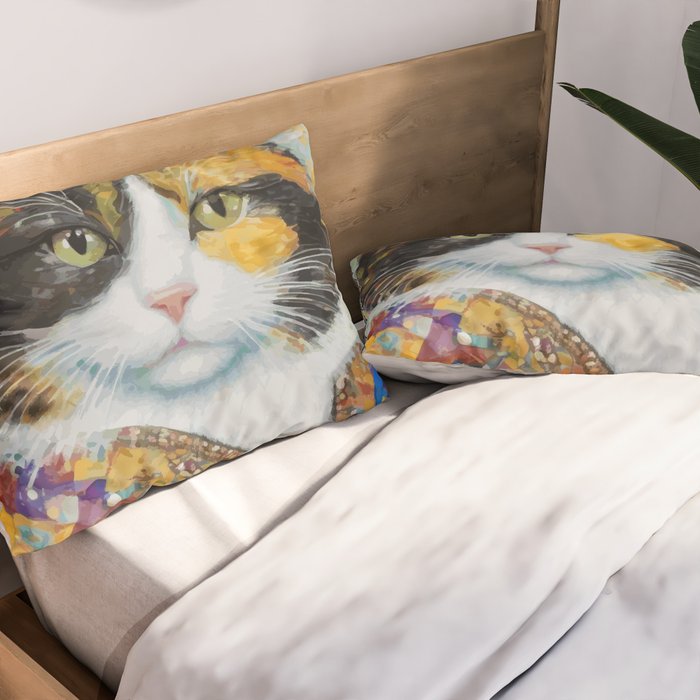 Gustav Klimt Style Calico Cat with Elegant Designer Jacket Pillow Sham Gallery Image 2