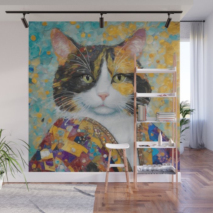 Gustav Klimt Style Calico Cat with Elegant Designer Jacket Wall Mural Gallery Image 1