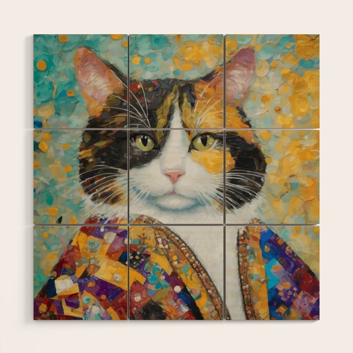 Gustav Klimt Style Calico Cat with Elegant Designer Jacket Wood Wall Art Gallery Image 1