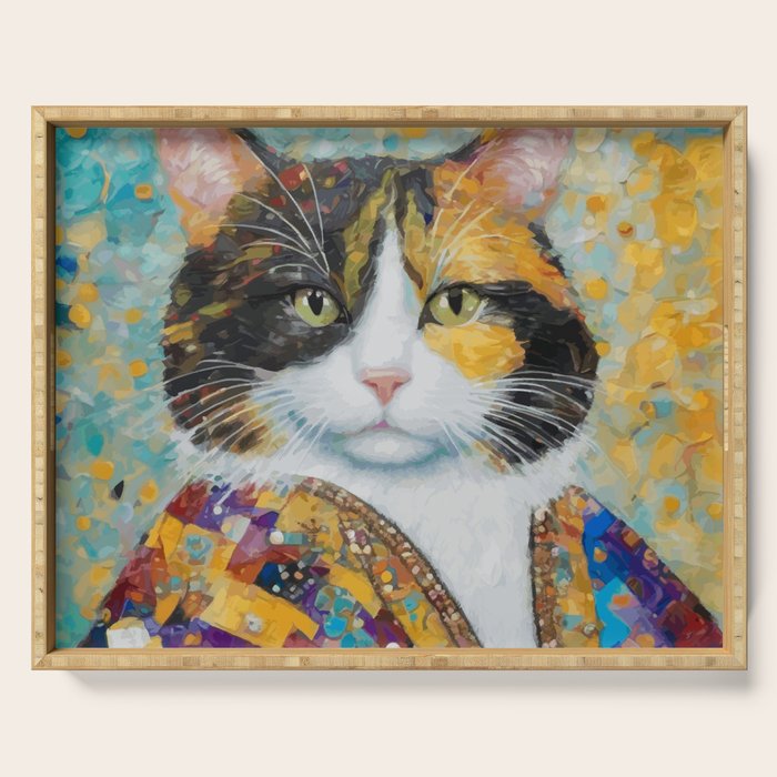 Gustav Klimt Style Calico Cat with Elegant Designer Jacket Serving Tray Gallery Image 1