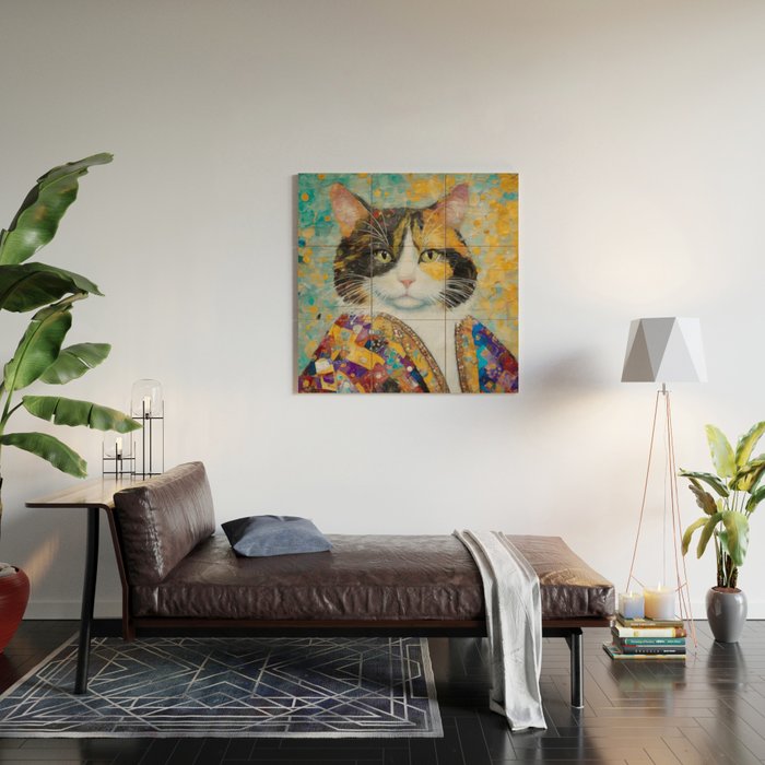 Gustav Klimt Style Calico Cat with Elegant Designer Jacket Wood Wall Art Gallery Image 2