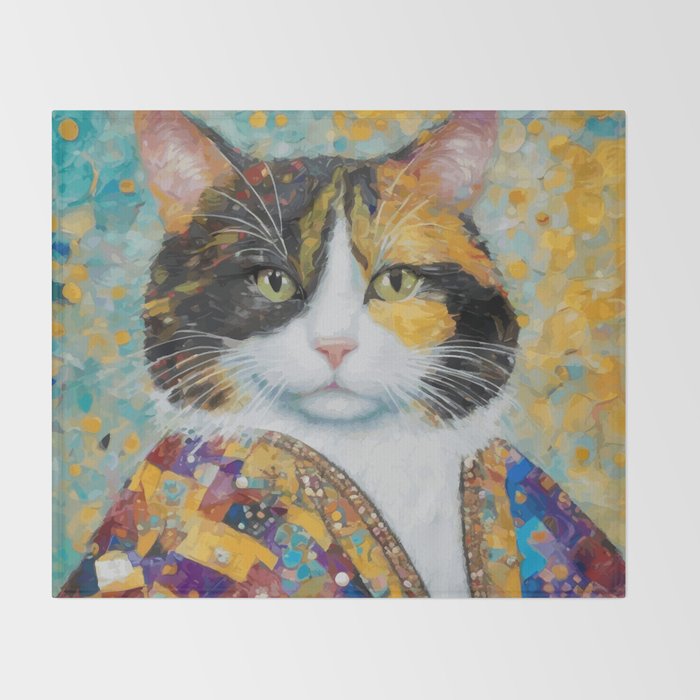 Gustav Klimt Style Calico Cat with Elegant Designer Jacket Throw Blanket Gallery Image 2