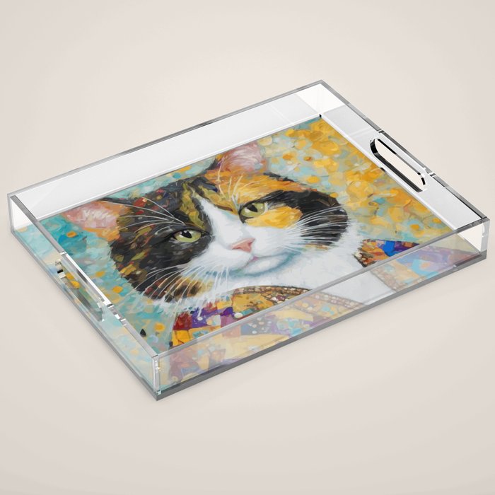 Gustav Klimt Style Calico Cat with Elegant Designer Jacket Acrylic Tray Gallery Image 1