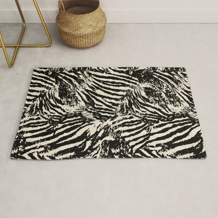Elegant Zebra Stripes Modern Abstract Animal Pattern in Black and Beige Rug Gallery Image 1