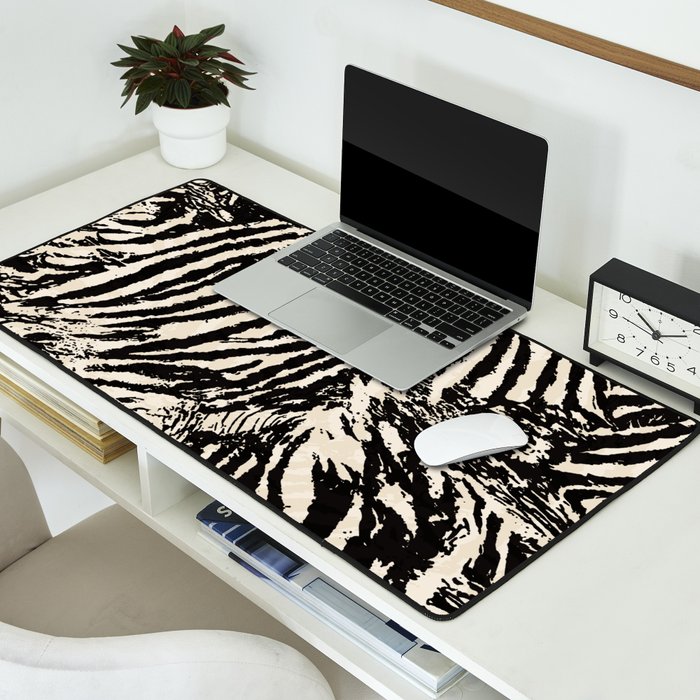 Elegant Zebra Stripes Modern Abstract Animal Pattern in Black and Beige Desk Mat Gallery Image 2