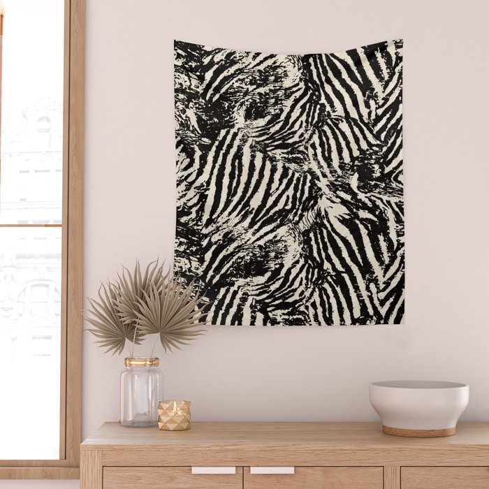 Elegant Zebra Stripes Modern Abstract Animal Pattern in Black and Beige Wall Tapestry Gallery Image 2