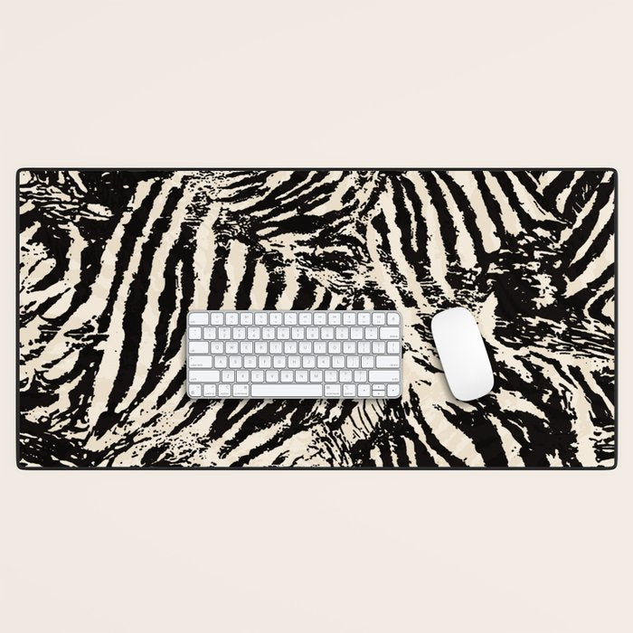 Elegant Zebra Stripes Modern Abstract Animal Pattern in Black and Beige Desk Mat Gallery Image 1