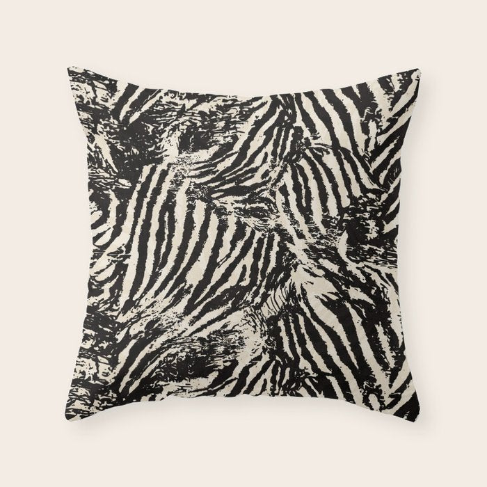 Elegant Zebra Stripes Modern Abstract Animal Pattern in Black and Beige Throw Pillow Gallery Image 1